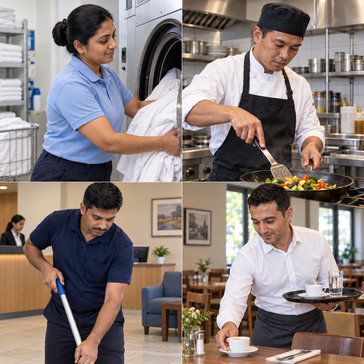Four-panel collage of a laundry worker, restaurant cook, hotel lobby cleaner and waiter.